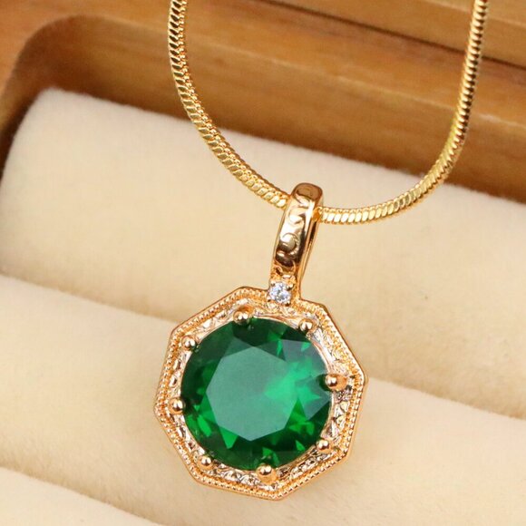 "Elegant Green Gem Pendant in Rose Gold Octagon Frame, XPPT1388 - Picture 1 of 13